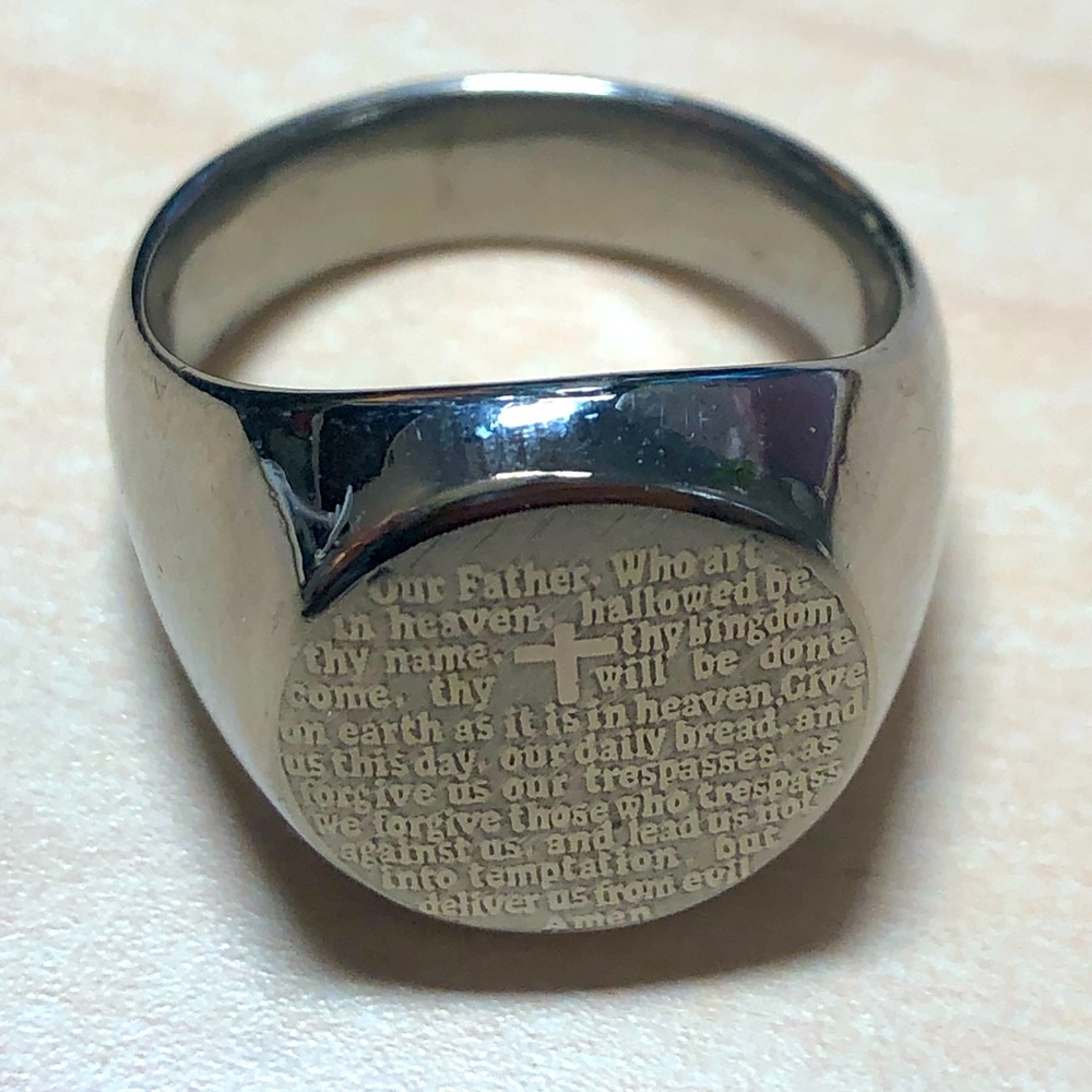 Lovely, solid stainless steel “Our Father” prayer ring